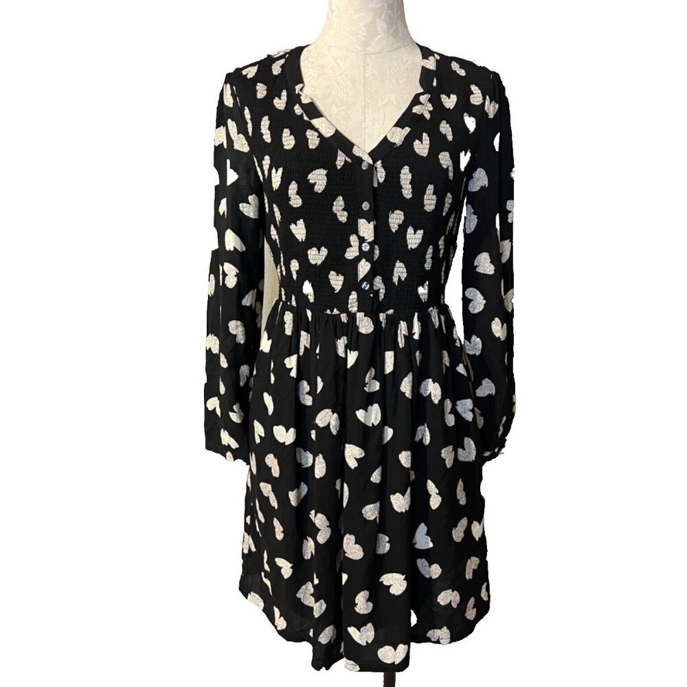 Anthropologie Maeve Dress S Small Cotton Washable Black Crean Hearts Long Sleeve - Picture 4 of 11